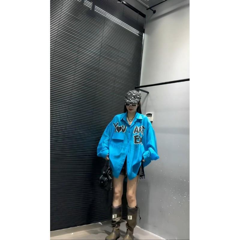 Womens Loose Fit Long Sleeve Shirt Lightweight Letter Print Button Up Top Casual Streetwear 2026