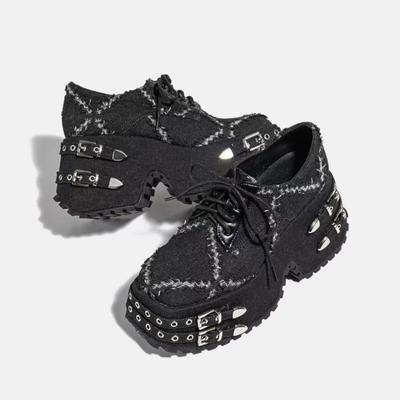 Модная джинсовая женская обувь в стиле панк, на шнуровке, на высоком каблуке, одинарные туфли для женщин, дизайнерская модная джинсовая обувь на толстой подошве, туфли на платформе