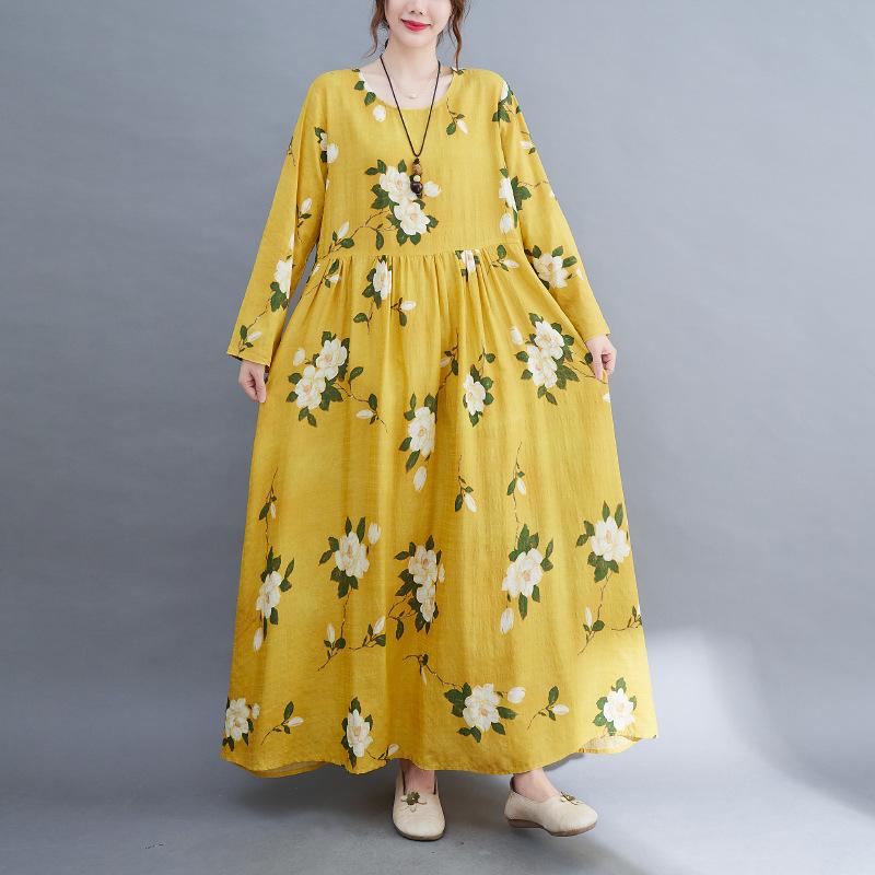 QICED Autumn Elegant Print Literary Retro Long Dress Loose Temperament Swing Skirt Women's Dress