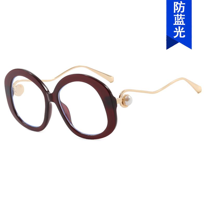 Round large frame metal glasses frame, new fashion flat glasses, personalized retro pearl anti-blue glasses frame
