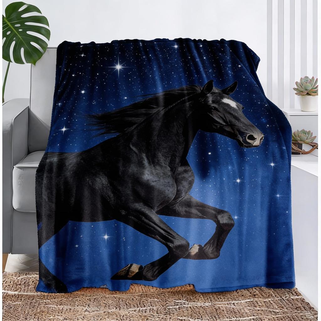 1pc Contemporary Horse Print Flannel Fleece Blanket, 100% Polyester, All Seasons, Tear Resistant, Digital Print, Animal Theme, K
