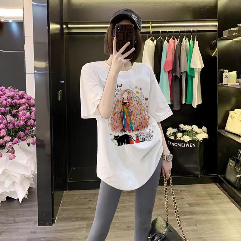 Butt Cover Top Loose Black Cotton Round Neck Short-sleeved T-shirt for Women In Summer Curved Hem Slit Medium Length