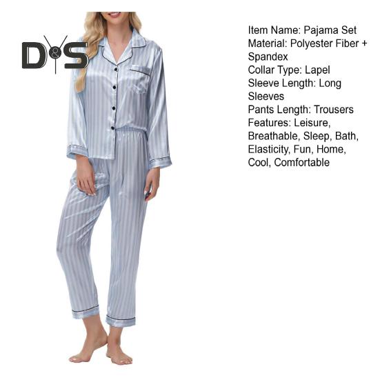 Женский комплект пижамы из 2 предметов из шелкового атласа, топ с пуговицами на лацканах и брюки, свободная рубашка в полоску и брюки с эластичным поясом, одежда для отдыха