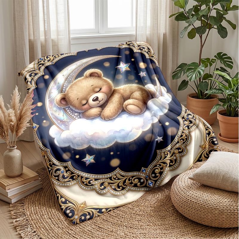 Teddy Bears with Moon and Stars Theme blanket Lightweight Warm Flannel Blanket Decorative Throw Blanket for Home Decoration