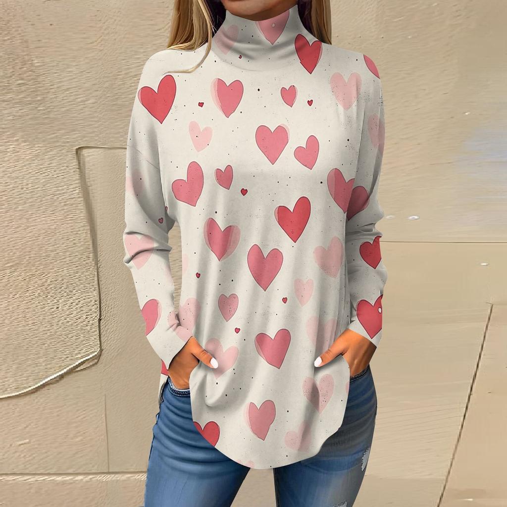 Футболки для женщин, осенние повседневные рубашки с длинным рукавом, толстовка с принтом, топ с высоким воротом, пуловер