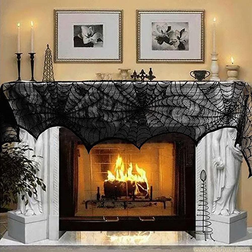 Halloween Decorations Props Black Lace Spiderweb Fireplace Mantle Scarf Cover