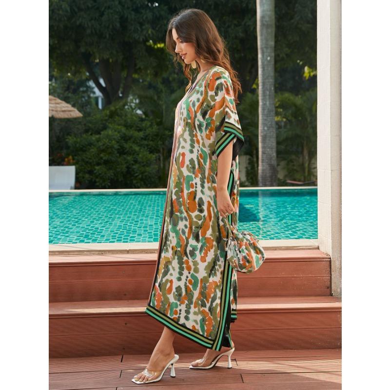 Женская мода лето весна леопардовый принт рукава 1/2 V-образный вырез свободная талия повседневные платья