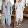 Summer Cotton Linen Shirt Set Men's Casual Outdoor 2-Piece Suit Andhome Clothes Pajamas Comfy Breathable Beach Short Sleeve Sets