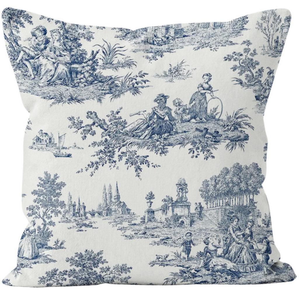 Blue Toile Pillow Covers,Navy Blue And Beige French Countries Cotton Linen Decorative Throw Pillow Case Cottage Vintage Cushion Cover For Bedroom Sofa