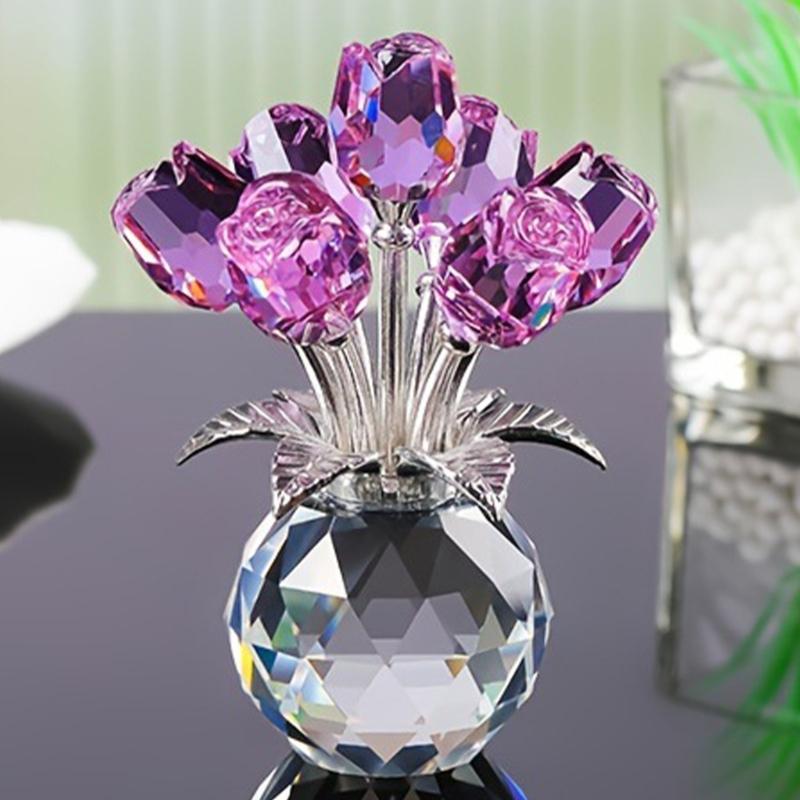 Crystal Rose Figurines Ornament,Crystal Bouquet Ornament Collectibles Handmade Rose Flower Gift for Wife Mom Girlfriend