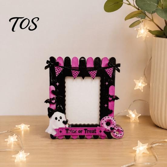 Lightweight Wood Frame Halloween Wooden Photo Frame, Cute Ghost Butterfly Cat Tabletop Decor Desktop Ornament with Stand, Sweet Kawaii Pumpkin Picture