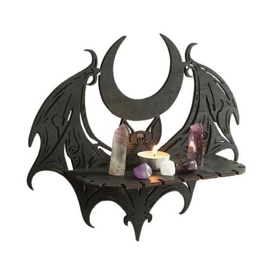 Yousheng Halloween Bat Wooden Wall Shelf Living Room Faux Crystal Wall Floating Shelf Heavy Duty Natural Stone Display Candle Storage Rack Decoration