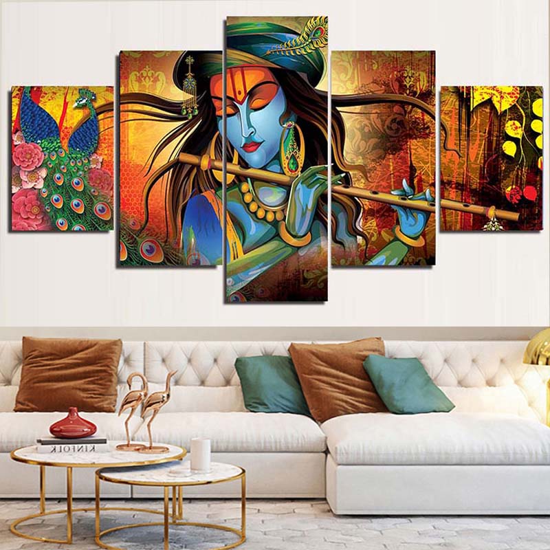 5 панелей абстрактный Господь Радха Кришна холст картины постеры и принты цифровая настенная художественная картина гостиная домашний декор без рамки