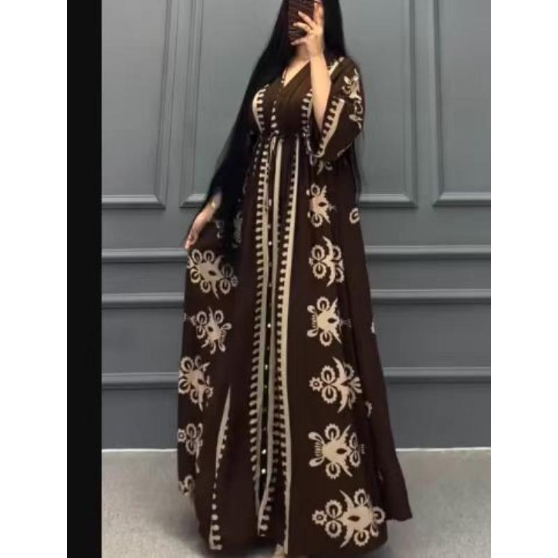 Женское осеннее платье свободного кроя с V-образным вырезом и длинными рукавами