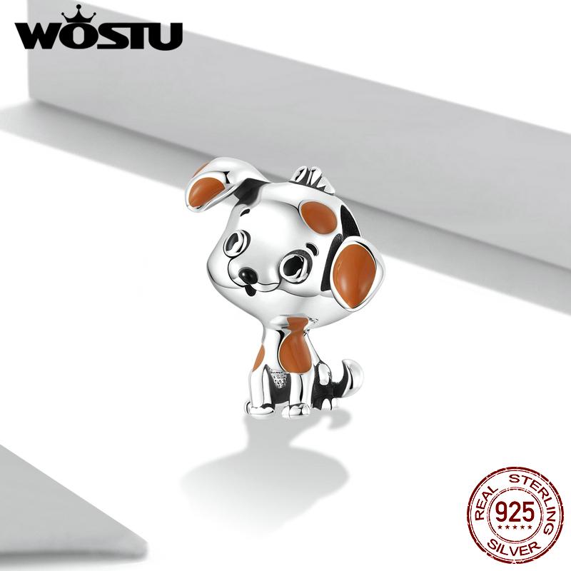 WOSTU 925 Sterling Silver Animal Puppy Cute Dog Bead Charm for Bracelet Women DIY Fashion Jewelry Enamel Pet Bead Accessories