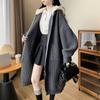 Autumn Women High-end Loose Long Coat Female Color Blocking Fake Two-piece Hooded Knitted Cardigan