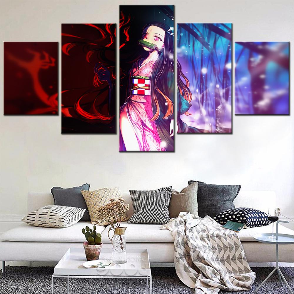 Anime Demon Slayer Warrior 5 PCS. Wall Modern Modular Poster Art Painting On Canvas for Living Room Home Decor Hd Photography