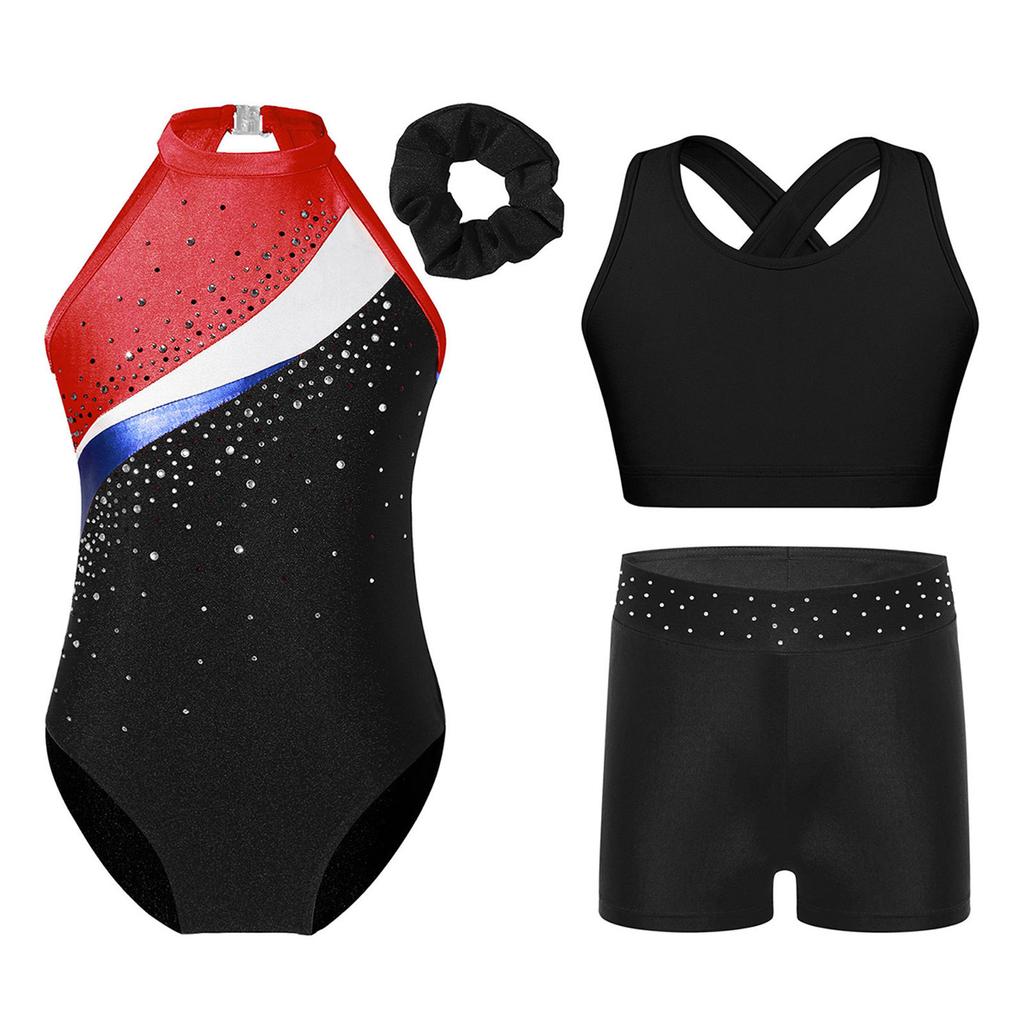 Girls Rhinestone Gymnastics Costume Set with Sleeveless Leotard Vest Shorts Waistband and Hair Band