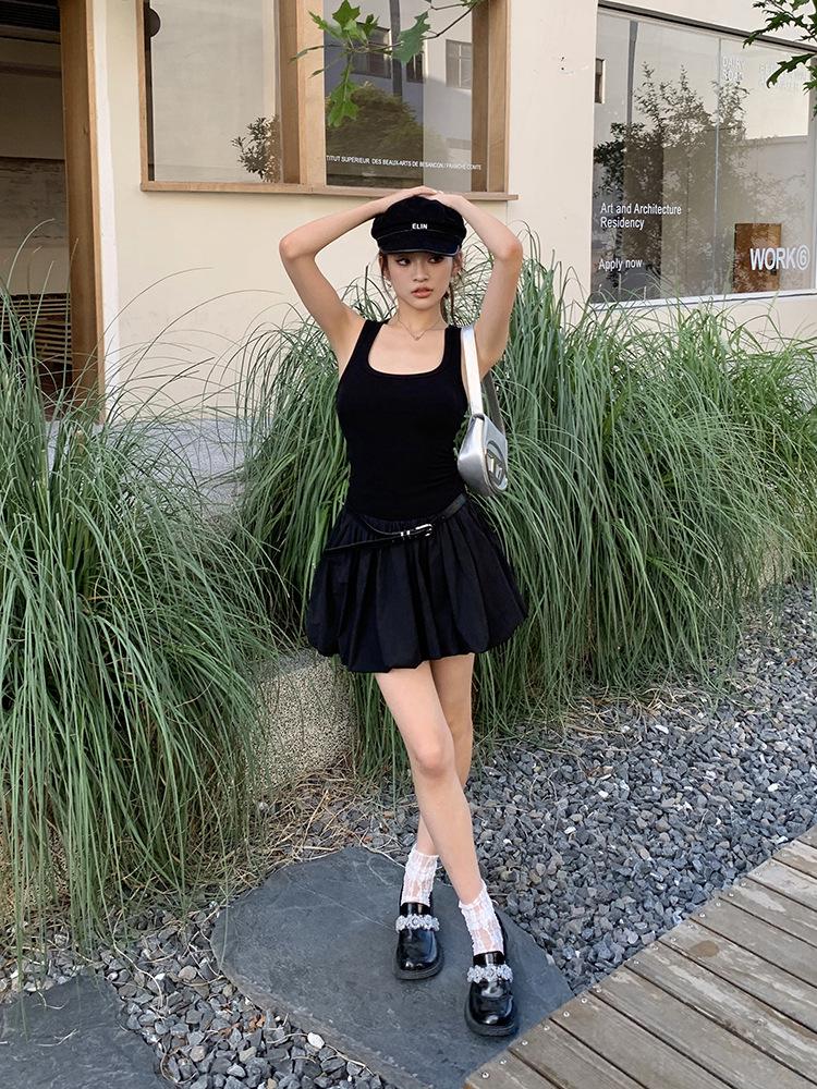 2026 Spring/Summer Women's High Waist Fluffy Short Skirt Patchwork Knit Vest Dress