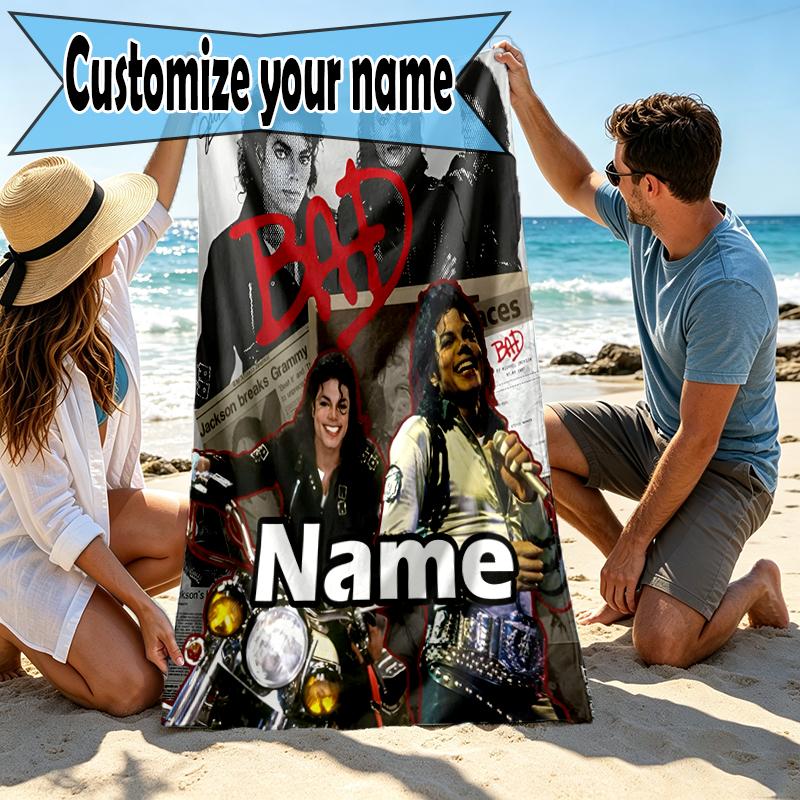 Custom Name Personalized Michael Jackson Print Beach Towel, for Trip Camping Beach Party Home Decor, Birthday Gift for Family & Friends
