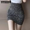 Women's Black Sequin Mini Skirt Summer Bling Club Slim Skirts Stretchy Bodycon Pencil Short Hip Wrap Skirt for Party