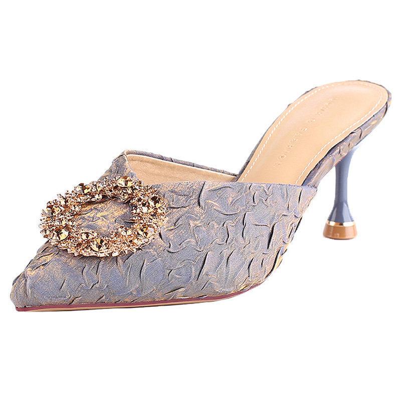 Тапочки женские летние полутапочки женские 2025 новые французские туфли со стразами на высоком каблуке сандалии с тонким каблуком-мешком черные