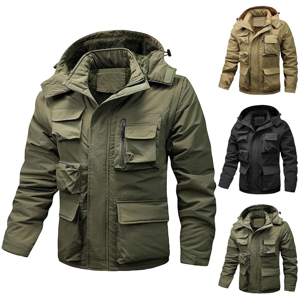 Men's Solid Color Detachable Outdoor Workwear Casual Loose Zipper Pocket Plush Long Sleeve Jacket