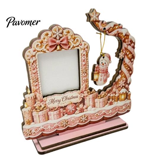 Holiday Photo Storage Christmas Wooden Frame, 2D Picture Holder with Santa Snowman & Family Memory Snowflake Pendant, Display Frame for Home