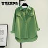 Зеленая вельветовая рубашка средней длины, повседневный стиль, женская утепленная рубашка с двумя карманами, пальто, кардиган, весна и лето