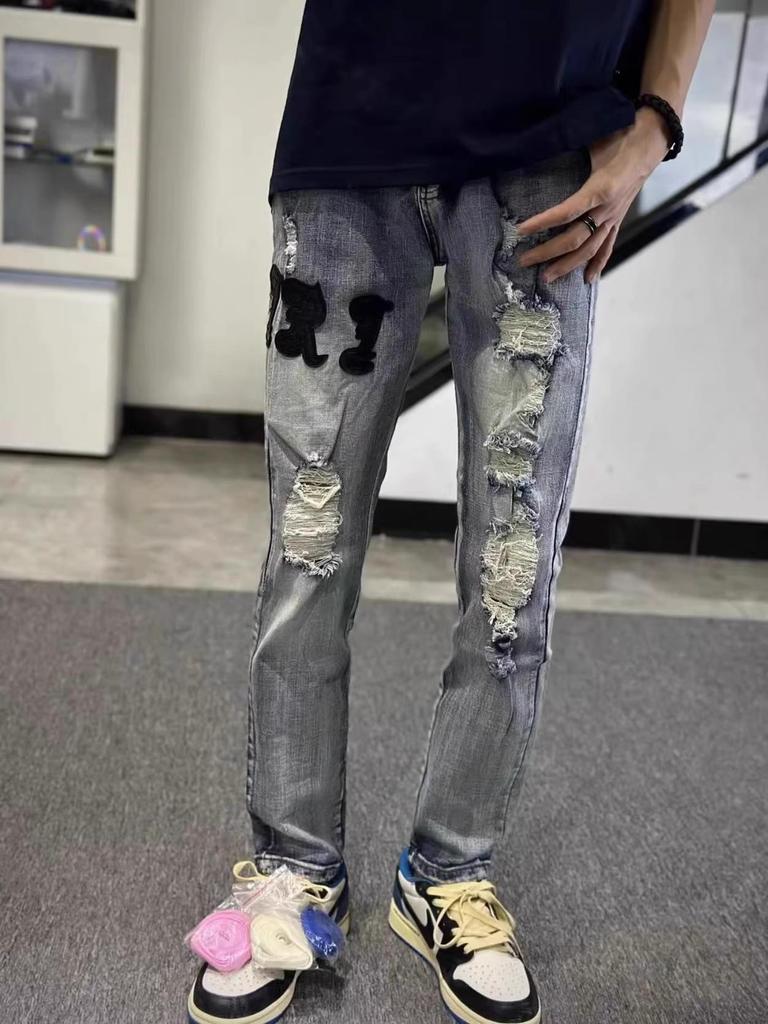 High Street Embroidered Anir Slim Fit Jeans - Men's Trendy Skinny Pants, Student Style