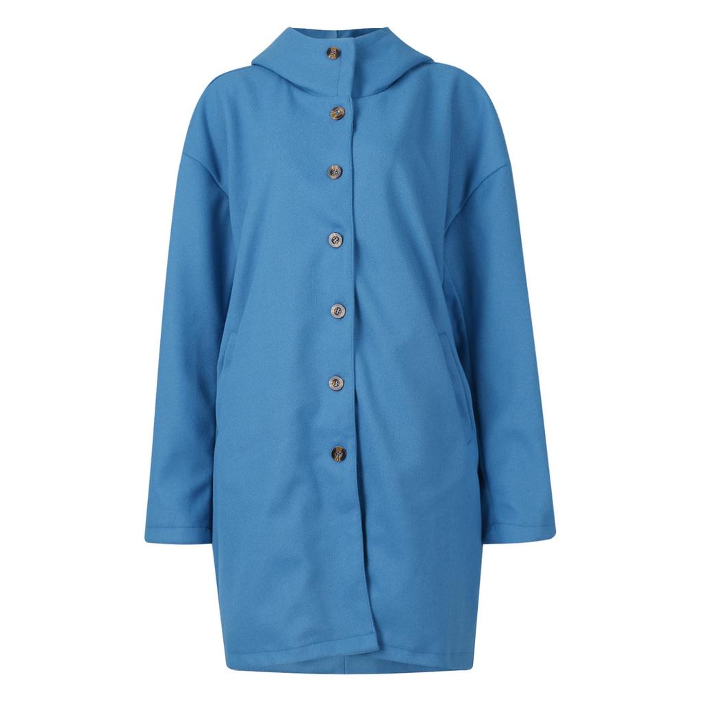 Womens Solid Color Jacket Casual Loose Fit Button Coats Button Up Long Sleeve Outerwear With Pocket, Hooded Overcoat