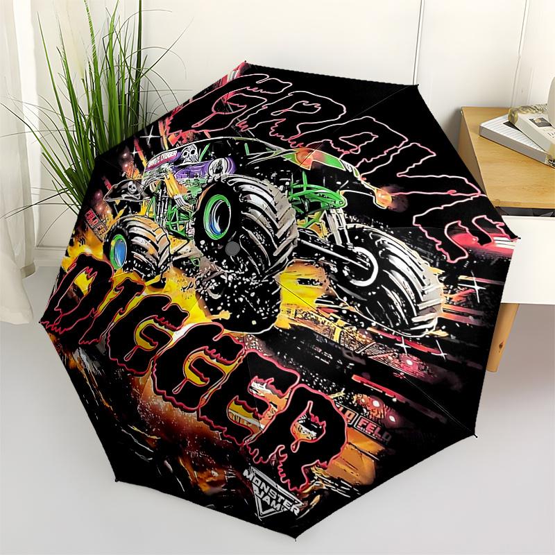 Monster Truck Themed Travel Umbrella 8 Ribs Automatic Opening and Closing, Portable Folding Design, Compact and Stylish Umbrella Suitable fo