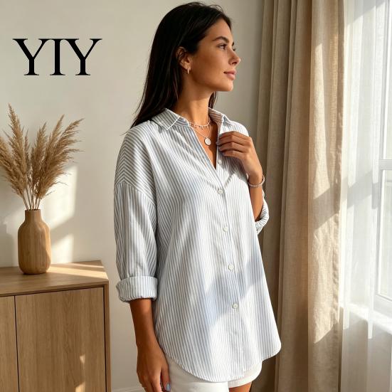 Women Collared Shirts Striped Shirt for Summer Autumn, Button Down Single Machine Washable Breasted Blouse, Dressy Casual Long Sleeve Top Breathable
