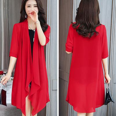 Летняя шифоновая рубашка средней длины, ультратонкое пальто, женская солнцезащитная рубашка, рубашка с кондиционером, однотонный кардиган с шалью