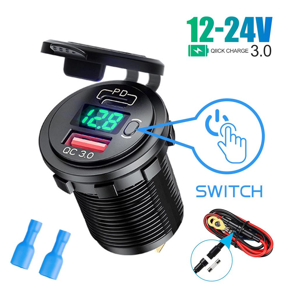 Автомобильное зарядное устройство, 12 В/24 В, 48 Вт, двухпортовая розетка USB Type C PD QC 3,0, быстрое зарядное устройство, автоматический светодиодный дисплей, вольтметр с переключателем вкл./выкл.