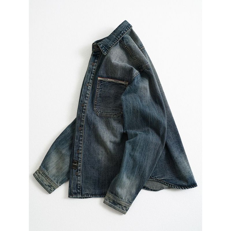 American Retro Heavy Weight Parka Denim Shirt Jacket Bandage Dress Inner Wear Men Long Sleeves Autumn and Winter Foreign Trade Men's Shirt