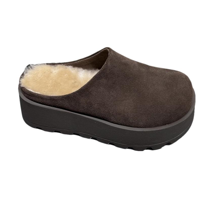 Замшевые женские хлопковые тапочки на платформе, короткие, плюшевые, дизайнерские, повседневные, на среднем каблуке, мюли, тренд 2025 года, теплая зимняя обувь для снега, женские туфли