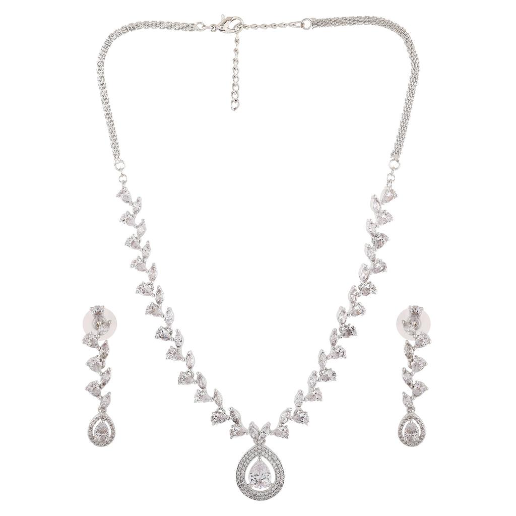 Estele Rhodium Plated Pear and Marquise Zircon Necklace Set for Women