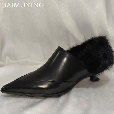 Меховые заостренные носки женские туфли на низком каблуке-шпильке неглубокие модные кожаные туфли женские 2025 тренд зимние новые прогулочные женские туфли Zapatos
