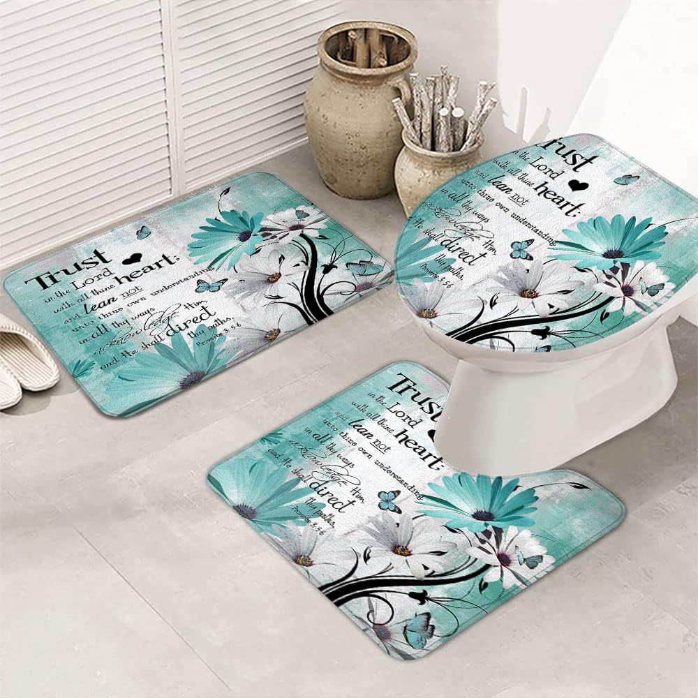 Rustic Farmhouse Farm Teal Daisy Bible Verse Inspirational Motivational Quote Bath, Country Turquoise Blue Non Slip Flannel Bathroom Rug, Dry Fast