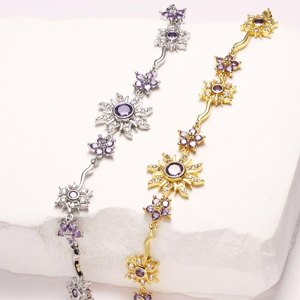 Luxury Sunflower Bracelet Fashion Shiny Rhinestone Bangle Pink Cubic Zirconia Chain Wedding