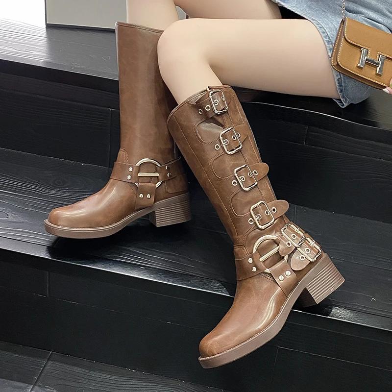 Fashion Ladies Shoes 2025 Brand Slip-on Women's Boots Fashion Metal Decoration Modern Boots Women New Belt Buckle Knee-High Bootszapatos