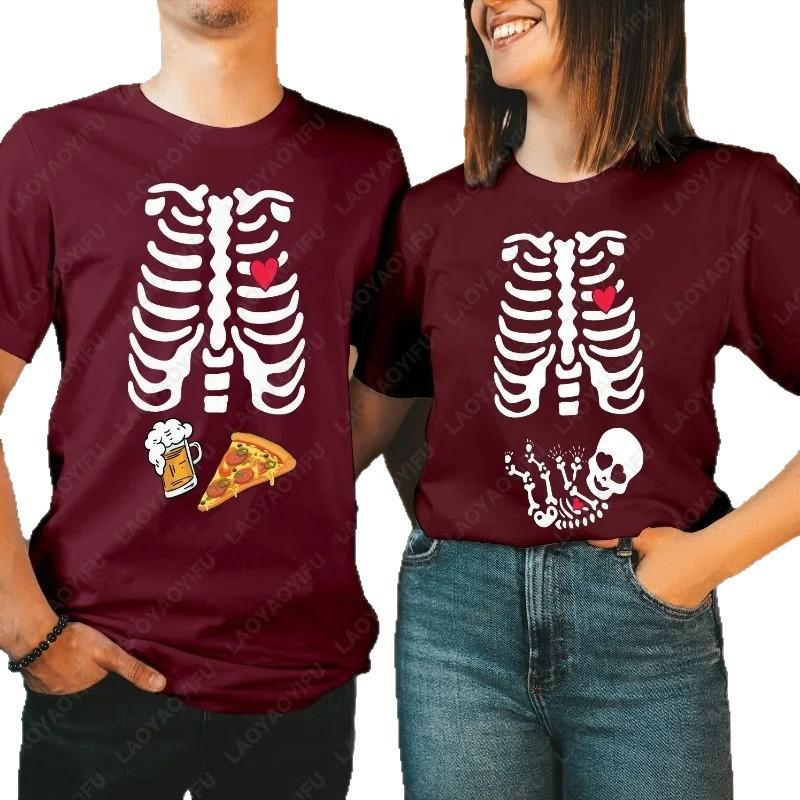 Mens Cotton Graphic Tee Skeleton Ribcage Beer Pizza Halloween Streetwear Short Sleeve T-Shirt