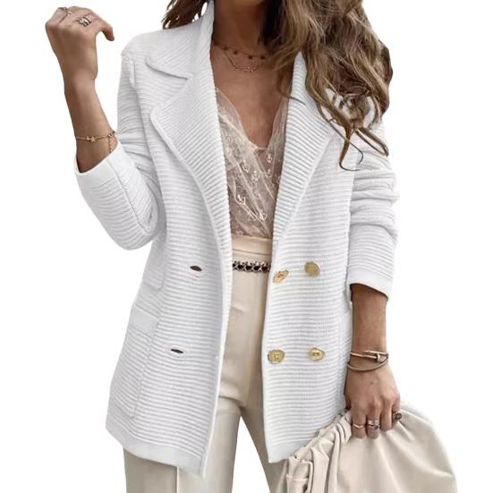Women's Long Sleeve Tweed Double Breasted Blazer Jacket Notched Lapel Ribbed Open Front Fall Coat with Pockets