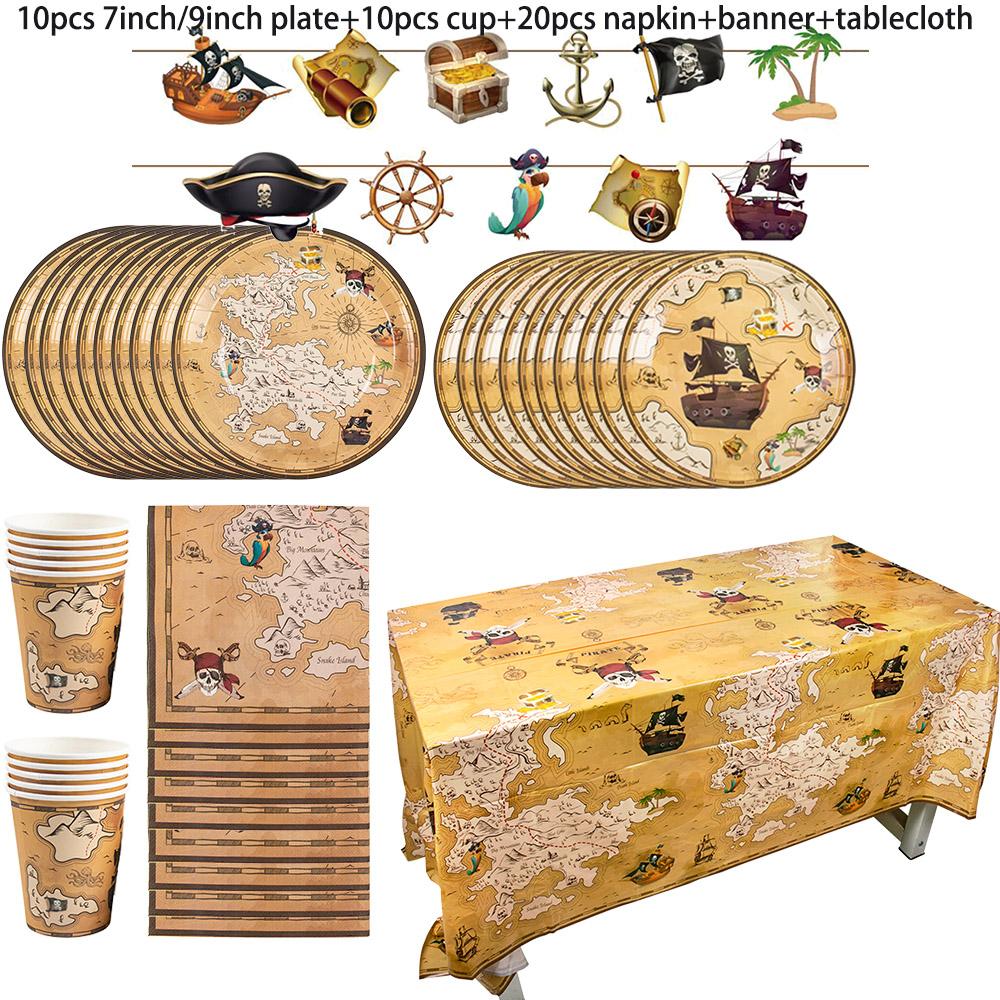 Набор одноразовой посуды в пиратском стиле с картой сокровищ, пиратским кораблем, узором черепа, бумажной тарелкой, чашкой, салфеткой для вечеринки по случаю дня рождения