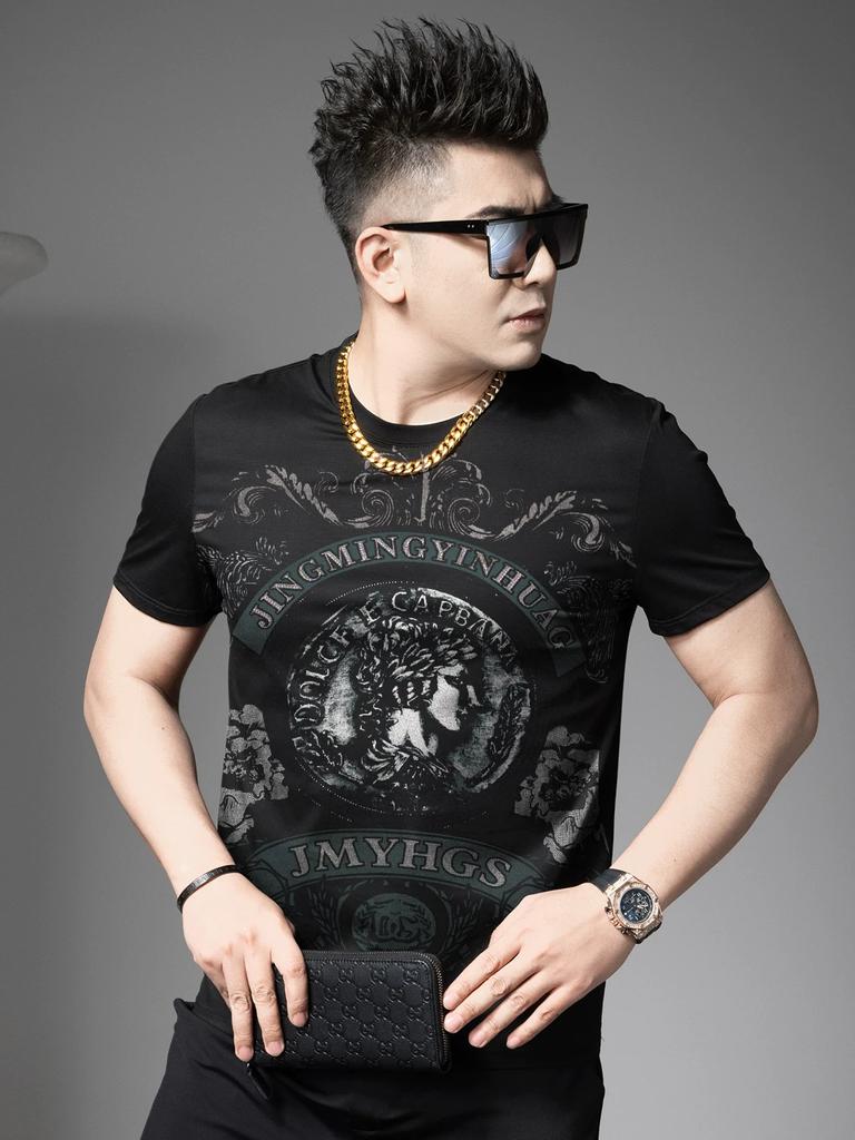 European Style Heavy-Duty Printed Rhinestone Short-Sleeve T-Shirt for Men 2025 New Summer Trendy Half-Sleeve Men's Top