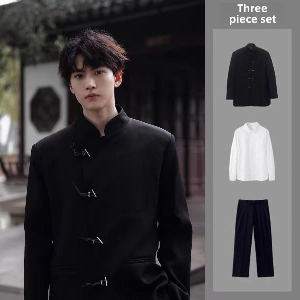 Мужской пиджак в китайском стиле с воротником-стойкой и подплечниками - Niche Design