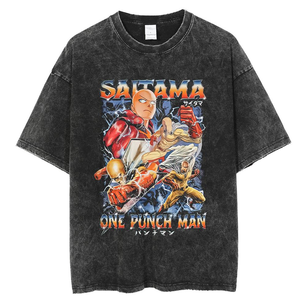 Аниме ONE PUNCH-MAN Сайтама Футболка с принтом Мужская Женская Футболки из стираного хлопка Футболка оверсайз Харадзюку Мужская Манга Винтажная футболка