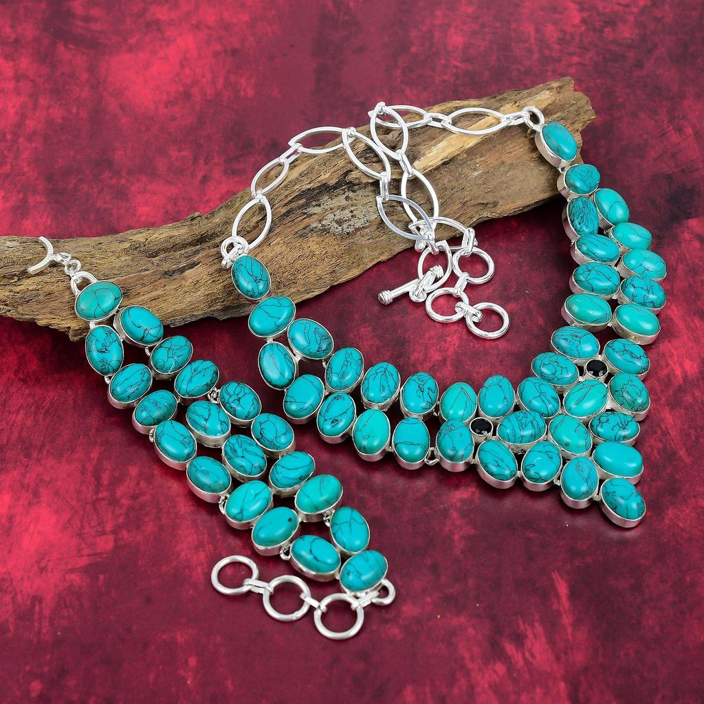 Santa Rosa Turquoise Gemstone Jewelry, Handmade 925 Solid Sterling Silver Jewelry Necklace & Bracelet, Gorgeous Jewelry Set For Her