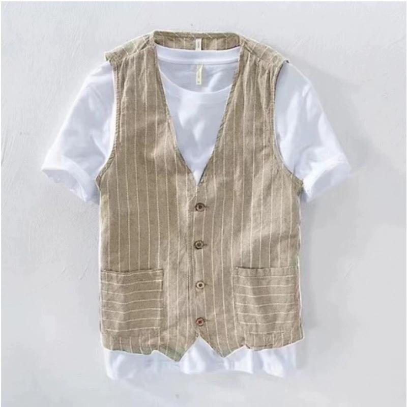 Мужской летний льняной жилет без рукавов с V-образным вырезом, повседневные тонкие топы
